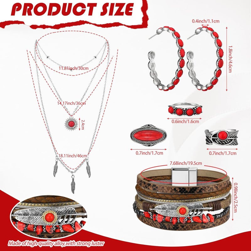 Ecally Store Bohemian Western Jewelry Turquoise Set Women Country Pendant Long Choker Layered Bracelets Earrings Ring for Women - Image 3